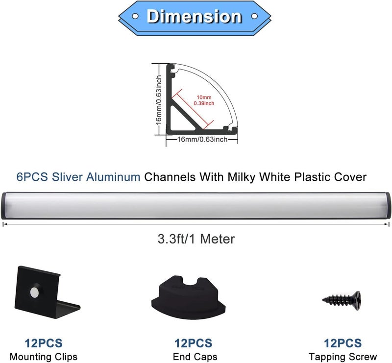 VST 6Pack 3.3 ft Black LED Aluminum Channel with Milky White Cover V Shape 16x16mm, Led Strip Light Track with Accessories for Led Strip Lights in Home Lighting - Image 2